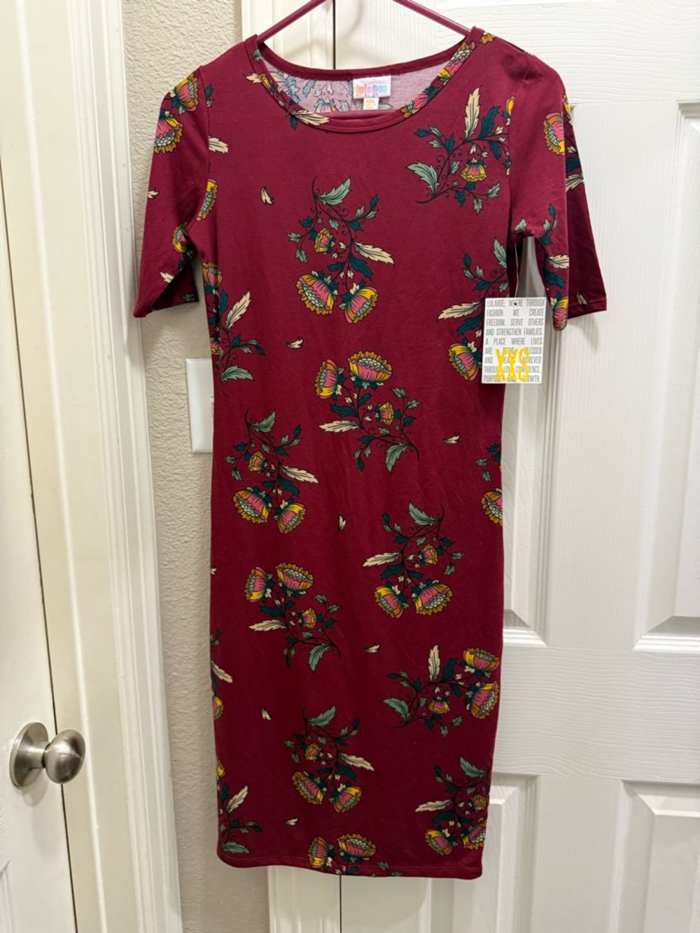 LuLaRoe Burgundy Floral Midi Julia Dress with Green and Yellow Accents